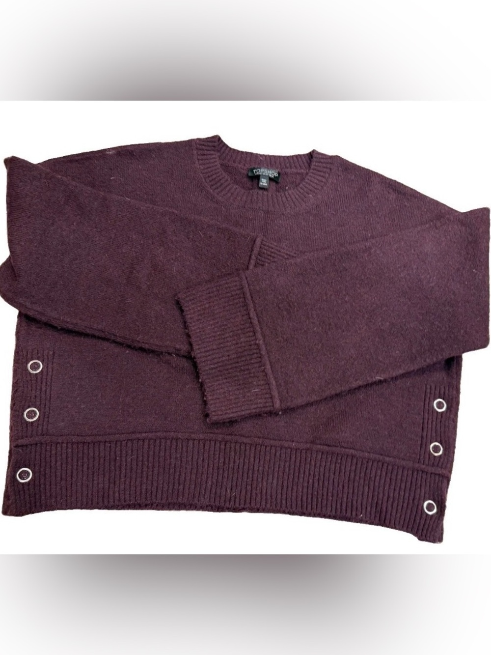 TOPSHOP Burgundy Ribbed Crewneck Sweater Size US 10 Grommet Side Detail Plum